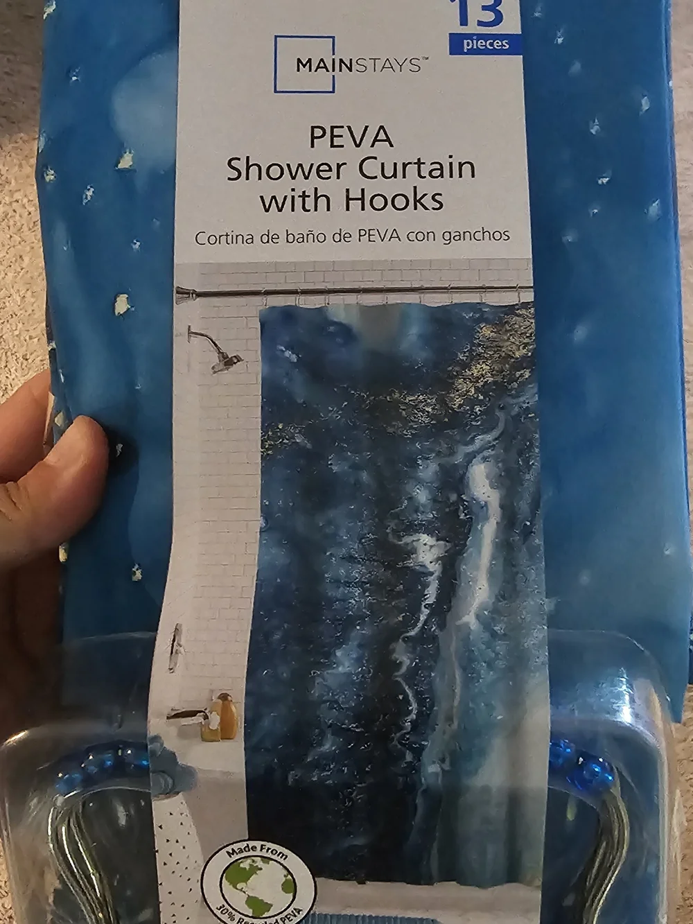 Mainstays Blue PEVA Shower Curtain Set with Hooks